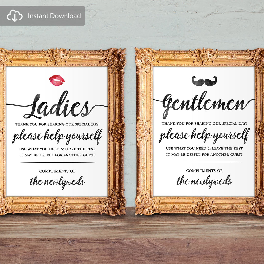 Wedding bathroom basket signs - hospitality basket sign - his and hers bathroom signs - digital download