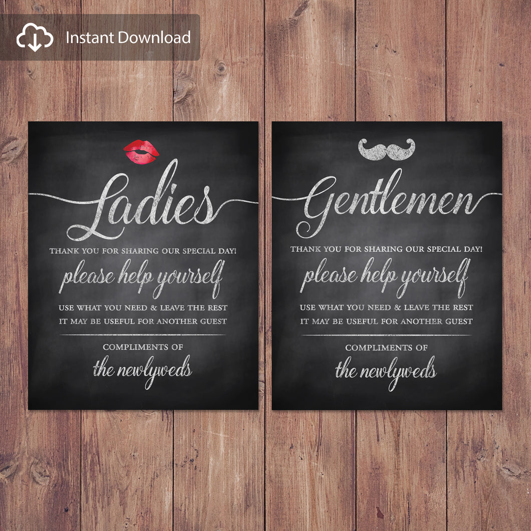 Rustic wedding bathroom basket signs - womens and mens hospitality basket - his and hers bathroom signs - Digital Download