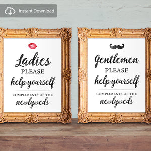 Wedding bathroom basket signs - womens and mens hospitality basket - his and hers bathroom signs - digital download